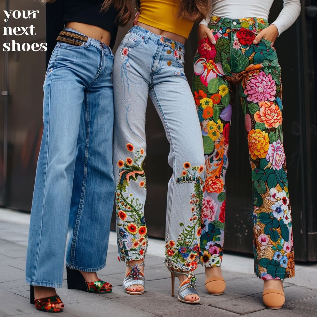 Three women showcase a vibrant array of summer fashion with embroidered and patterned floral jeans paired with chic footwear, making a bold statement on urban style