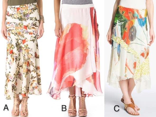 Explore summer's hottest floral maxi skirts: A) Haute Hippie in Swan Multi, $565; B) Haute Hippie in Paprika/Swan, $526; C) Komarov in Persimmon Multi, $238