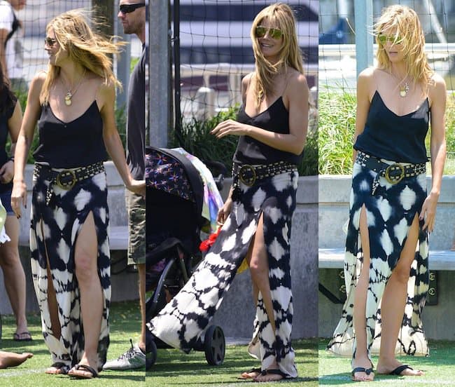 Heidi Klum was spotted in New York City on June 20, 2013, wearing a Holmes & Yang perforated leather camisole paired with a Blu Moon two-slit skirt in black and white tie-dye