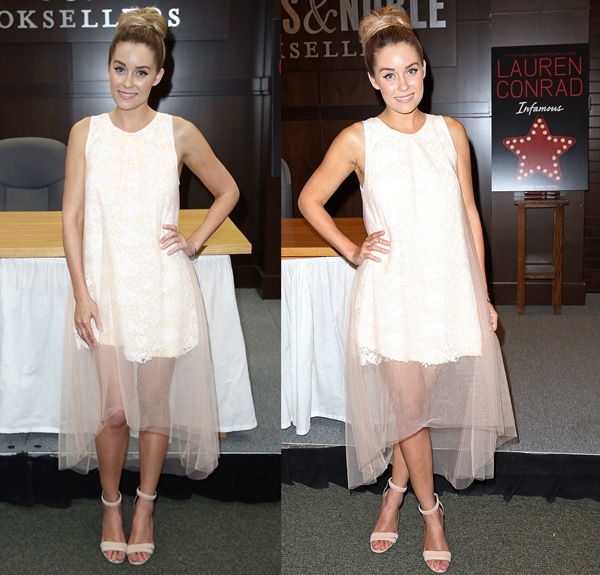 Lauren Conrad at her 'Infamous' book signing event, captivating in a peach lace Zayan dress at Barnes & Noble in Los Angeles, June 11, 2013