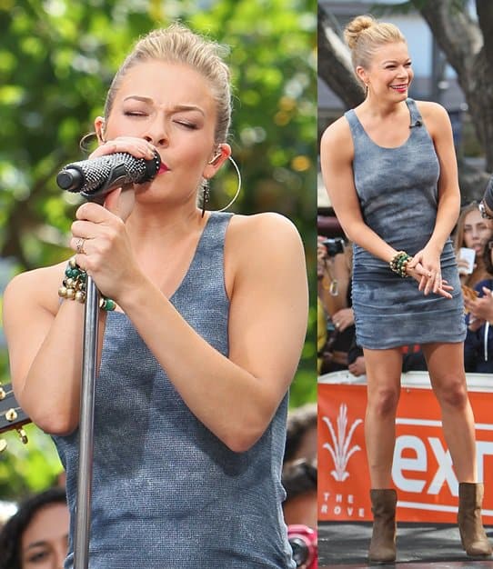 LeAnn Rimes wearing a figure-skimming tie-dyed tank dress for her appearance on Extra on June 5, 2013