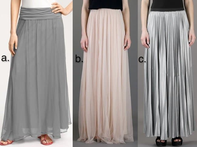 Choose your style: a. Crinkled Maxi Skirt in Ash by Max & Mia, b. Pink Pleated Maxi Skirt by Amen, c. Metallic Silver Pleated Maxi Skirt by Enza Costa