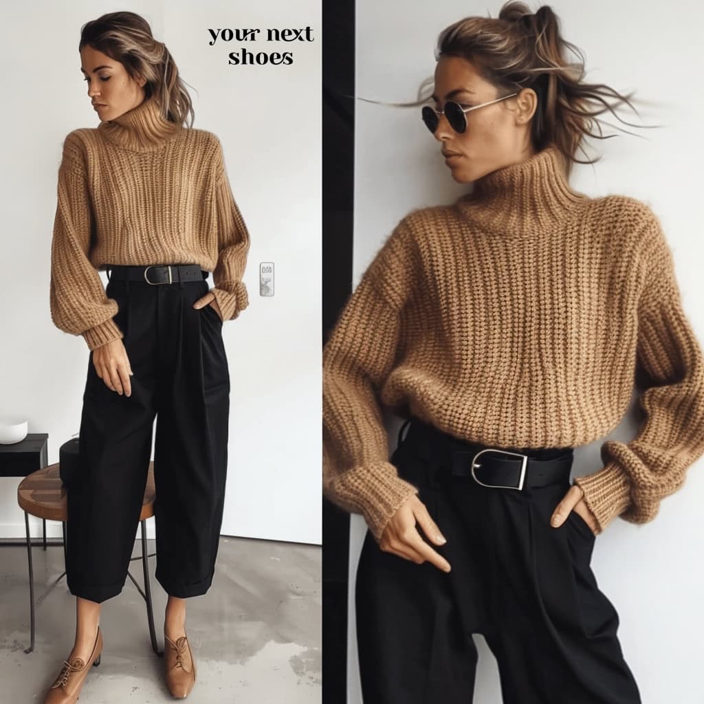 Striking a pose in timeless neutrals, she pairs a chunky knit sweater with tailored black trousers for a modern twist on classic elegance