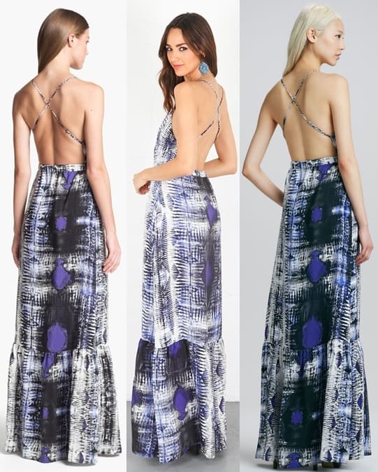 Rear view of the Parker 'Anna' Maxi Dress highlighting its low backline and tiered hem