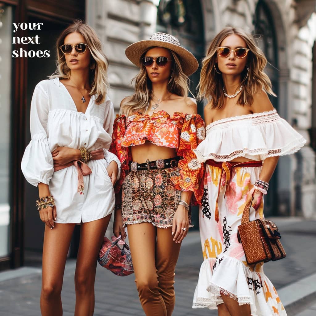 Three fashion-forward women showcase the latest in peasant blouse trends, featuring billowy sleeves, vibrant patterns, and bohemian chic accessories on a bustling city street
