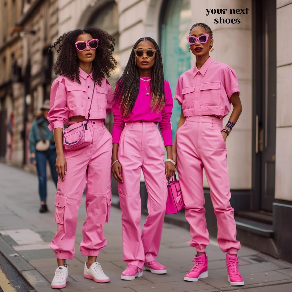 Three fashion-forward women make a striking statement on the streets in coordinated shades of pink, pairing their bold outfits with trendy sunglasses and sneakers