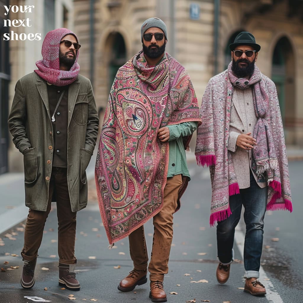 Three stylish men showcase a fusion of traditional and contemporary fashion with paisley and textured ponchos, elevating street style with a bold touch of pattern and color