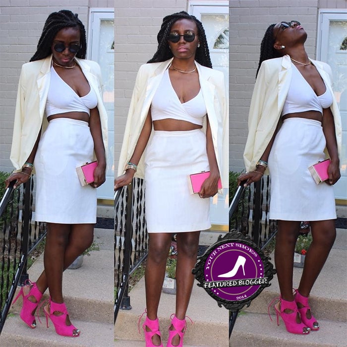 Christane contrasting an all-white outfit with pink JustFab heels