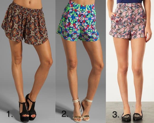Explore your style with these vibrant printed shorts: 1. Flynn Skye in Black Floral ($96), 2. Mara Hoffman in Aloha Sky ($209), 3. Topshop 'Cocktail Bouquet' in Pink ($60)
