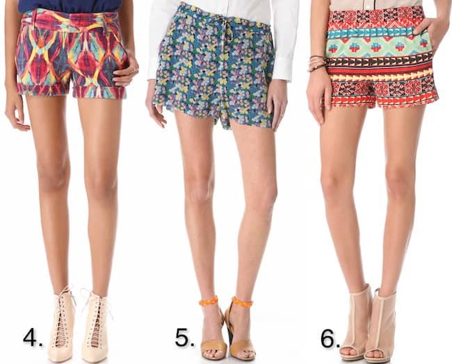 More trendy printed shorts to add to your wardrobe: 4. Alice + Olivia 'Cady Cuff' in Tribal Diamond ($165), 5. Band of Outsiders 'Mini Blossom' in Eclipse ($225), 6. BCBGMAXAZRIA in Saffron Combo ($138)