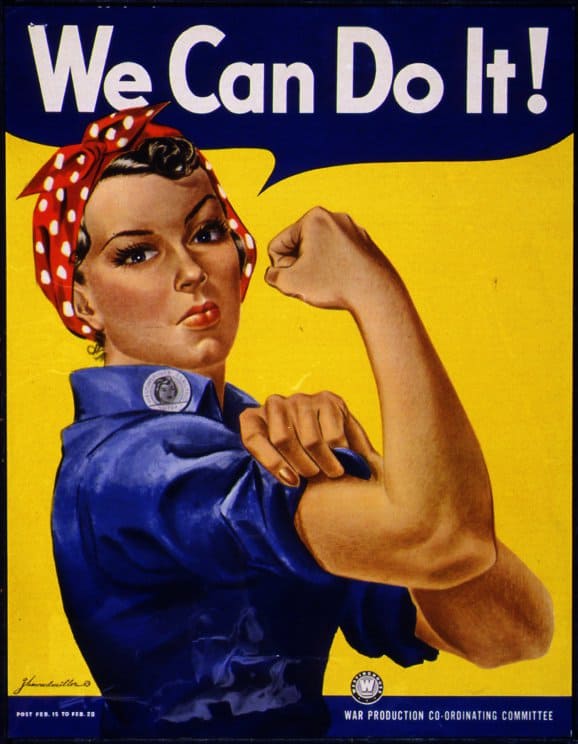 Wearing a red sash with white dots around her head, Rosie the Riveter was an allegorical cultural icon of World War II, representing the women who worked in factories and shipyards during World War II