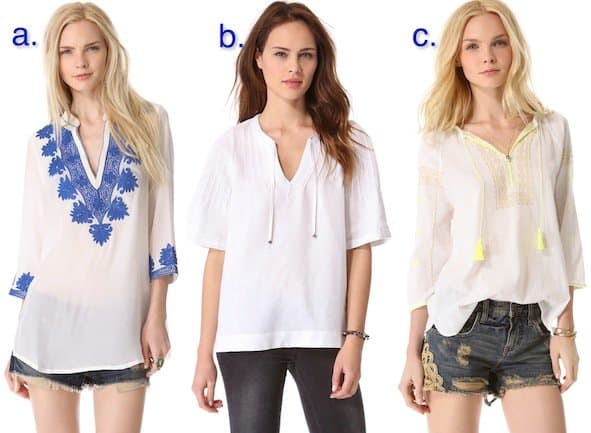 A. Rory Beca Embroidered Caftan Tunic, B. ANINE BING Boho Short-Sleeve Top, and C. Maison Scotch Bohemian Top - essential pieces for a laid-back bohemian look