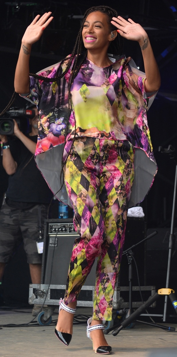 Solange Knowles wearing colorfully printed Teatum Jones pants