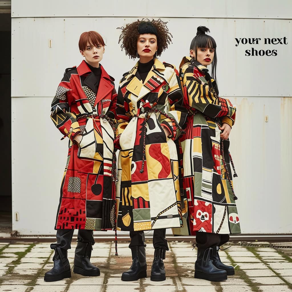 Three fashion-forward women make a bold statement in eye-catching, graphic-print trench coats, complemented by chunky black boots, perfectly encapsulating contemporary street style