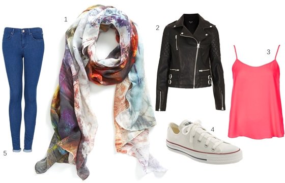 Complete your summer chic look with these stylish picks: 1. Colorful Front Row Society Battlefields Scarf, $38; 2. Topshop Wylde Faux Leather Jacket, $100; 3. Light Topshop Pasha Camisole, $36; 4. Classic Converse Chuck Taylor Low Sneakers, $45; 5. Comfy Topshop Moto Leigh Skinny Jeans, $76