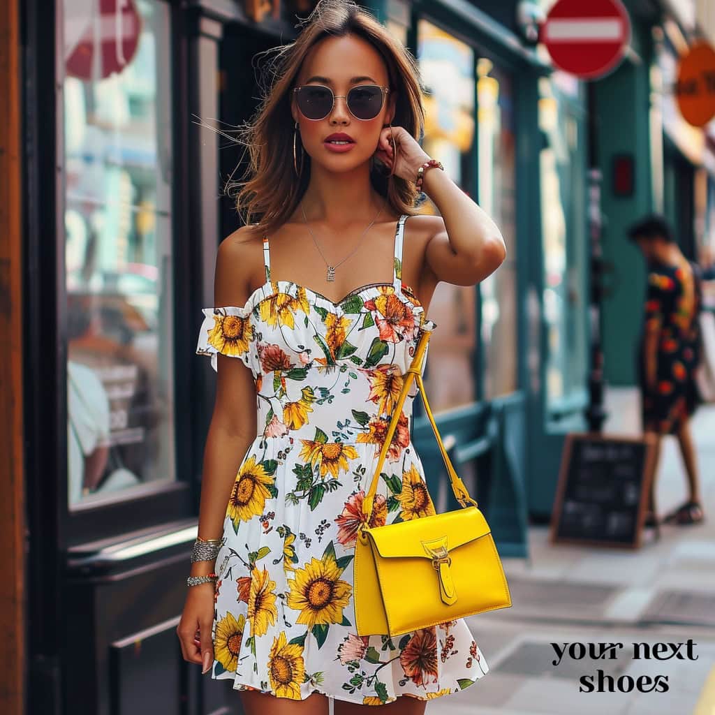 A woman exudes summer vibes in a sunflower-print dress, complemented by a bold yellow handbag