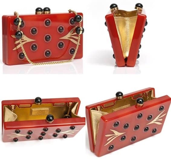 Thale Blanc 'Morning Dew' clutches in white and red, featuring elegant designs priced at $2,400 each