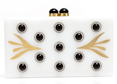 The luxurious Thale Blanc 'Morning Dew' clutch in white, adorned with black Swarovski pearls and crystals