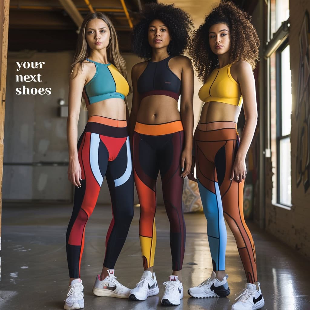 Three athletes showcase a dynamic range of two-tone panel leggings, bringing a vibrant edge to sporty chic