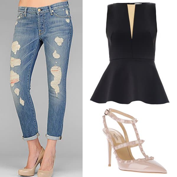 Copy Anni's look with 7 for All Mankind jeans, an Osman peplum top, and Valentino Rockstud pumps