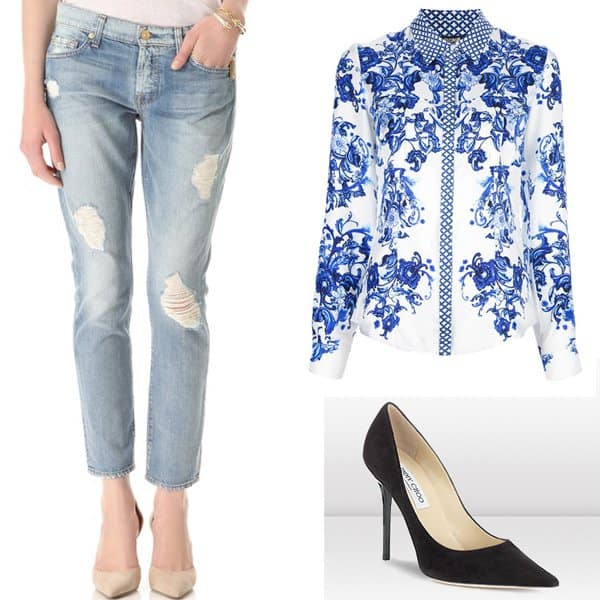 Get Meijia's look with 7 for All Mankind Josefina Jeans, a Roberto Cavalli floral silk shirt, and Jimmy Choo suede pointy toes