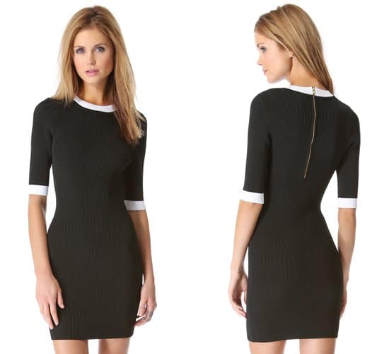 Contrast trim lends vintage charm to a curve-conforming black and white A.L.C. dress cut from ribbed, mid-weight jersey