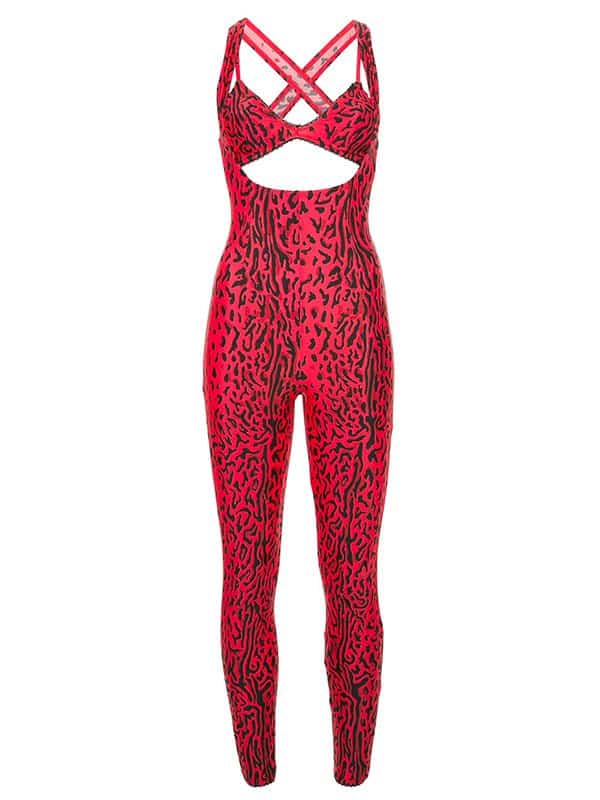 Close-up view of the Adidas x Opening Ceremony Tulip Hem Jumpsuit, showcasing its unique design and fit