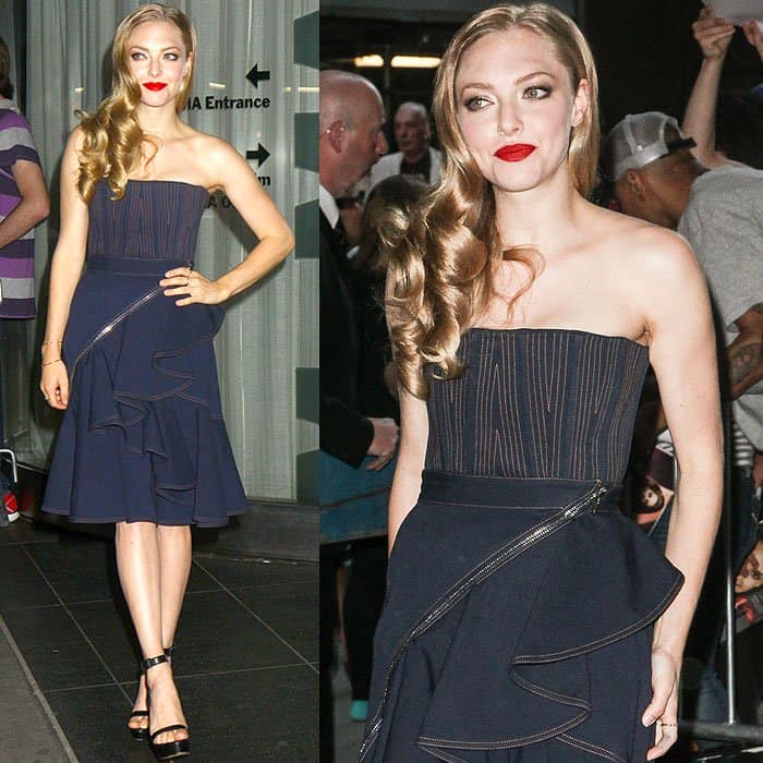 Amanda Seyfried captured at The Cinema Society and MCM with Grey Goose screening of Radius TWC's 'Lovelace' in NYC, showcasing her denim Givenchy dress that skillfully blends casual flair with couture style