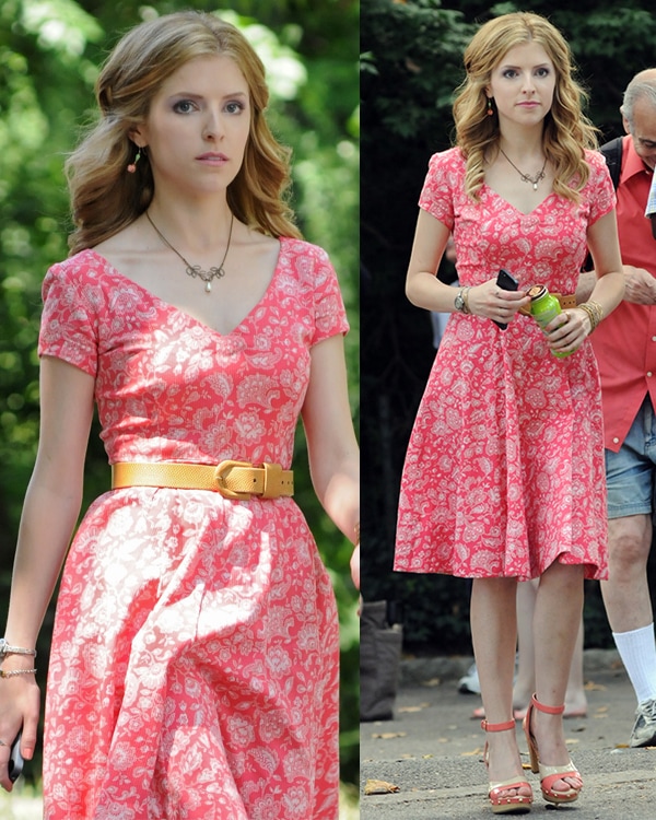 Anna Kendrick sported a pink printed dress that was cinched on the waist with a tan belt