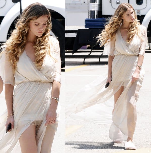 Brooklyn Decker filming 'Stretch' in a stunning Saunder gown in downtown Los Angeles, July 28, 2013