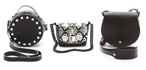 Explore designer cross-body bags from left to right: Loeffler Randall The Circle Bag at $295, By Malene Birger Alicala Snakeskin Bag at $395, and Rebecca Minkoff Skylar Mini Cross-Body Bag at $225