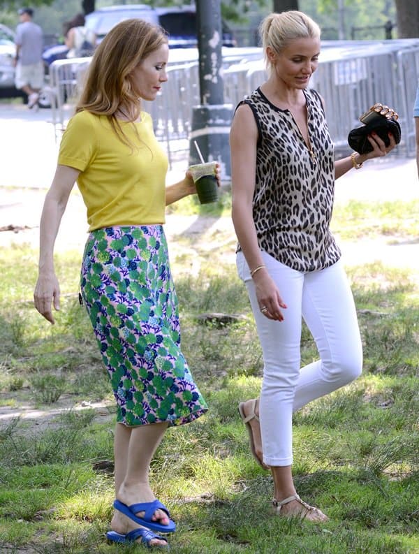 Leslie Mann and Cameron Diaz on the set of 'The Other Woman,' capturing a moment of intense discussion