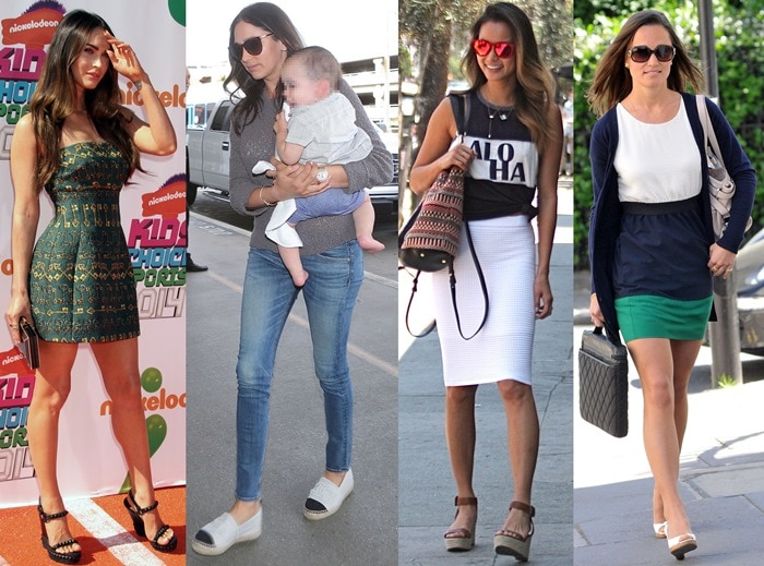 Celebrities Megan Fox, Lauren Silverman, Jamie Chung, and Pippa Middleton wearing espadrille flats and wedges