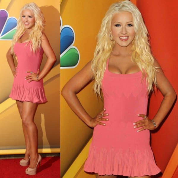 Christina Aguilera flaunts her legs in a pink mini dress at the NBC TCA Summer Press Tour