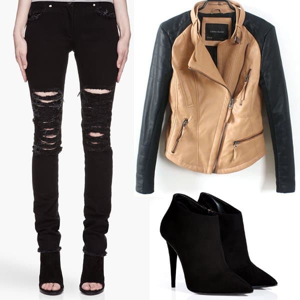 Recreate Adriana's ensemble with Christopher Kane's shredded jeans, a Zara leather jacket, and Giuseppe Zanotti suede ankle boots