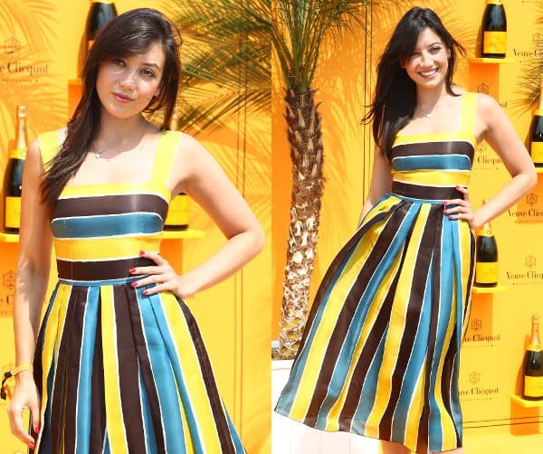 Radiant in Stripes: Daisy Lowe lights up the polo match in a vibrant yellow, blue, and brown striped fit-and-flare dress