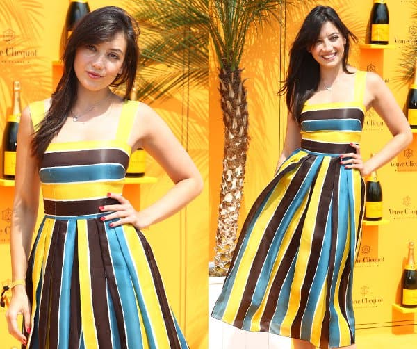 Radiant in Stripes: Daisy Lowe lights up the polo match in a vibrant yellow, blue, and brown striped fit-and-flare dress