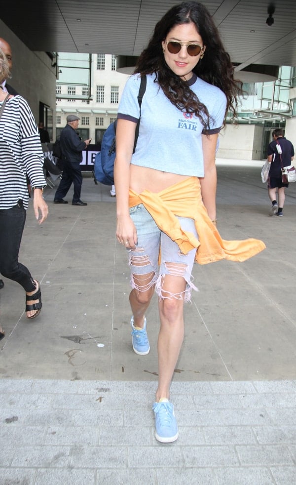 Eliza Doolittle wearing shoes in an odd manner while exiting Radio 1 in London on July 20, 2013