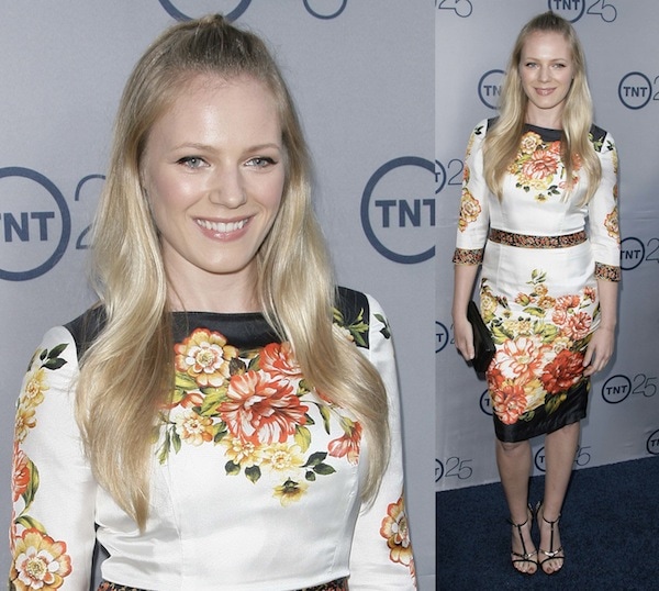 Emma Bell in a floral print dress at TNT's 25th Anniversary Party