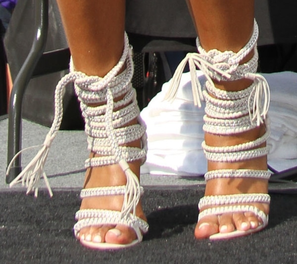 Eve shows off her feet in Monika Chiang "Imena" lace-up sandals