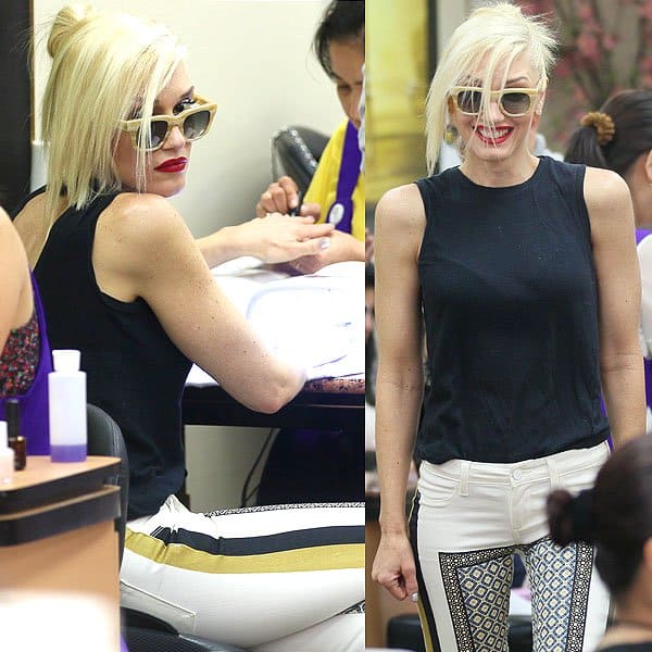 Gwen Stefani caught on camera while pampering herself at a nail salon in Beverly Hills, California, showcasing her unique fashion sense on July 12, 2013