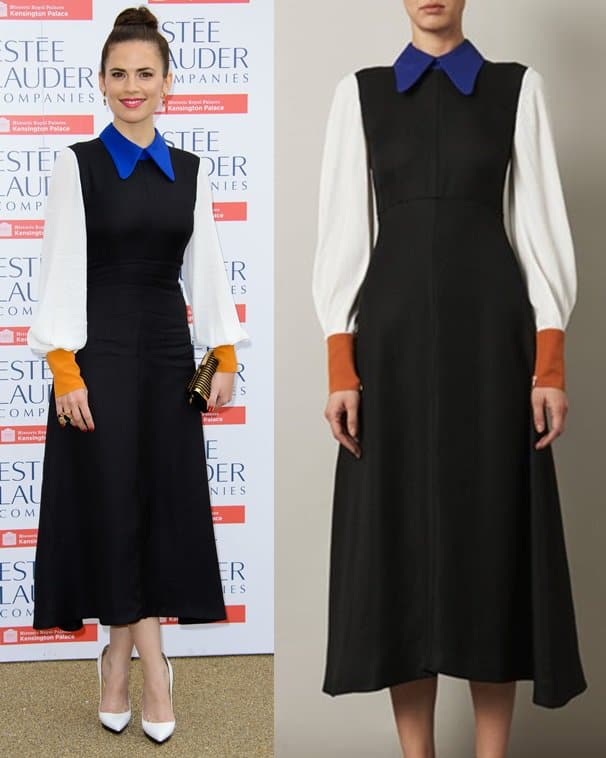 Hayley Atwell wore a dress designed by Roksanda Ilinčić from the Spring 2013 collection at the Fashion Rules exhibition launch