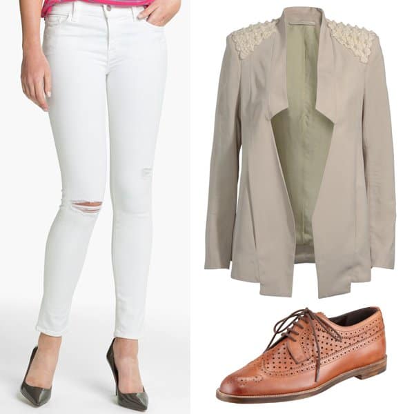 Achieve Dena's look with J Brand skinny jeans, an Isabell de Hillerin embroidered blazer, and Manolo Blahnik oxfords