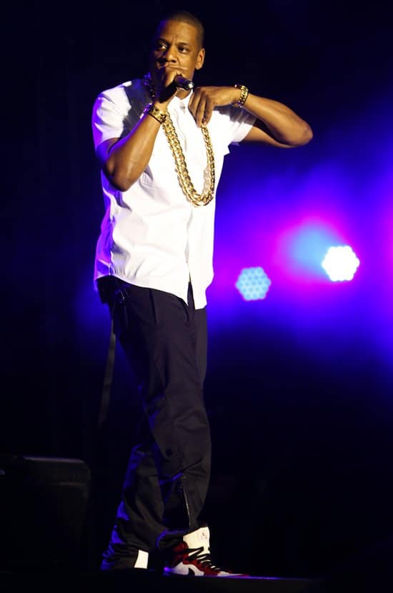 Jay-Z wears dark cargo pants and Nike sneakers on day 2 of the Yahoo! Wireless Festival