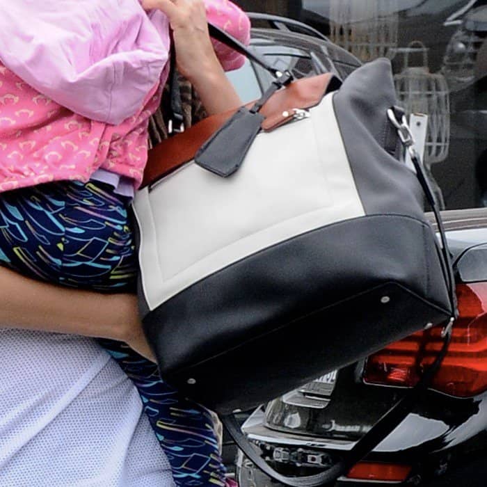 A close-up of Jessica Alba's sophisticated Diane von Furstenberg color-blocked handbag