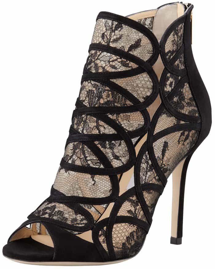 Detailed view of the chic Jimmy Choo Fauna lace-suede cage sandal in black, a popular choice among celebrities