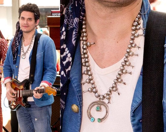 Hippie inspiration: John Mayer rocking a silver beaded necklace with his casual outfit