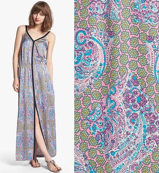 Detail of Juicy Couture's 'Starflower' Maxi Dress in Bardot Floral priced at $228 - a stylish option for both maternity and regular wear, known for its elongating and flattering silhouette