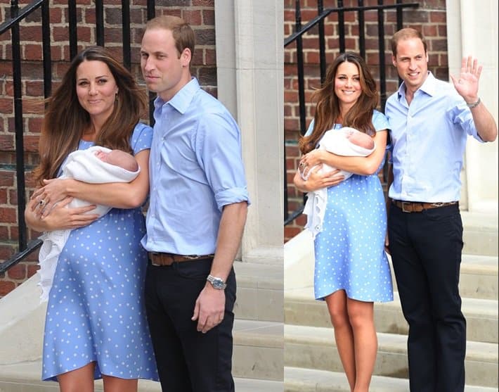 Kate Middleton looked stunning in a knee-length cornflower blue bespoke crepe de chine dress by British designer Jenny Packham as she made her post-baby debut on July 23, 2013, just one day after giving birth