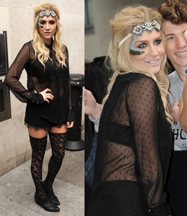 Ke$ha in a see-through top and thigh-high stockings paired with black oxfords